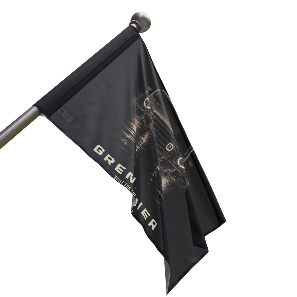 Night Wade camp flag: boxy 4x4 wading black water at night, BUILT FOR THE DEEP END lettering – view 4