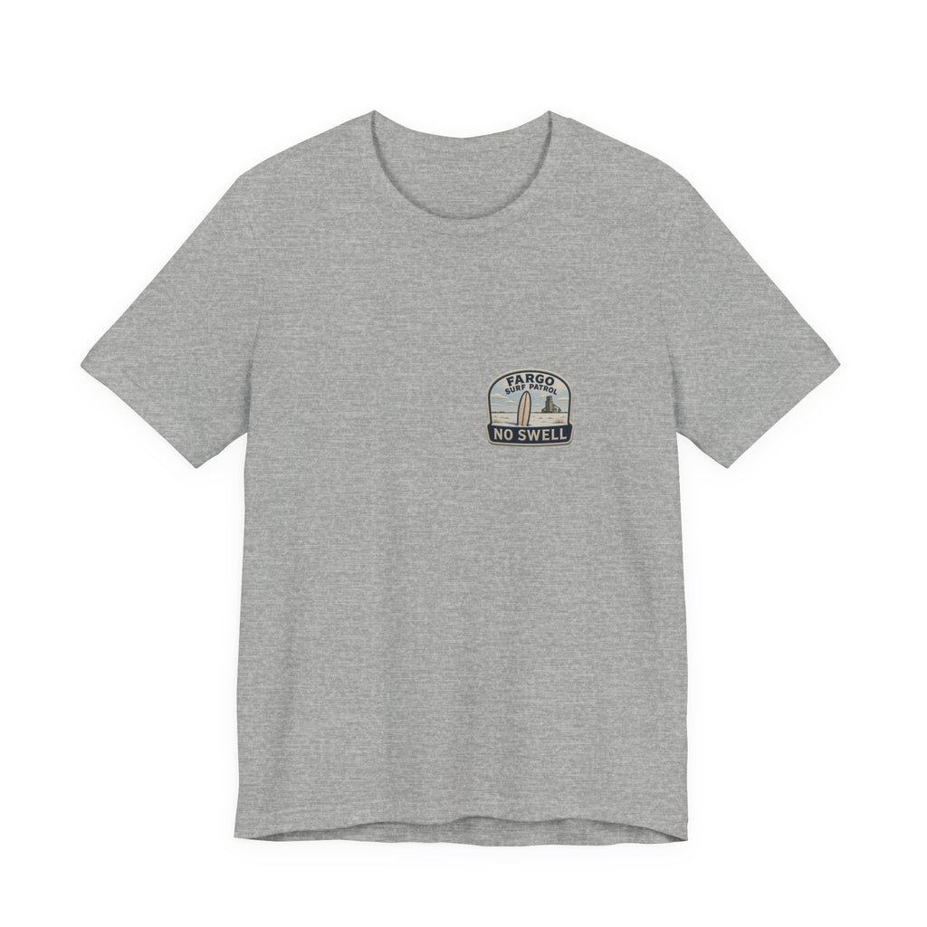 Tee with left-chest Fargo Surf Patrol fake rescue patch, Athletic Heather