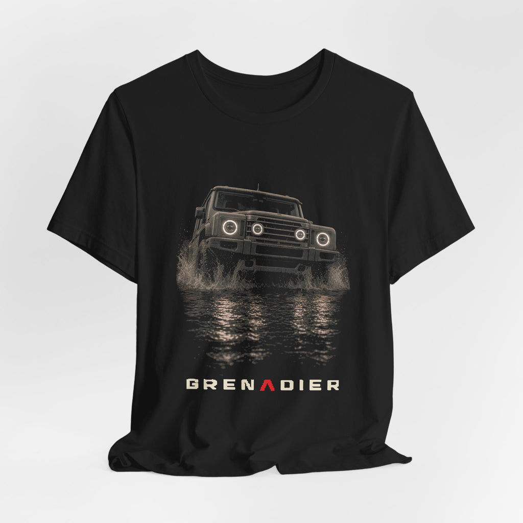 Black tee, front print: 4x4 wading dark water at night, headlights on (angled three-quarter view) under GRENADIER wordmark – view 3