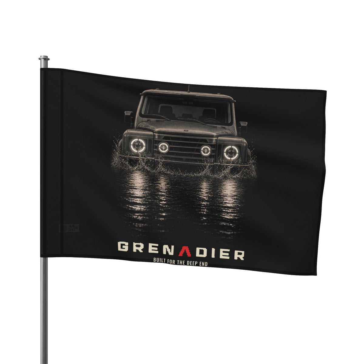 Night Wade camp flag: boxy 4x4 wading black water at night, BUILT FOR THE DEEP END lettering – view 3