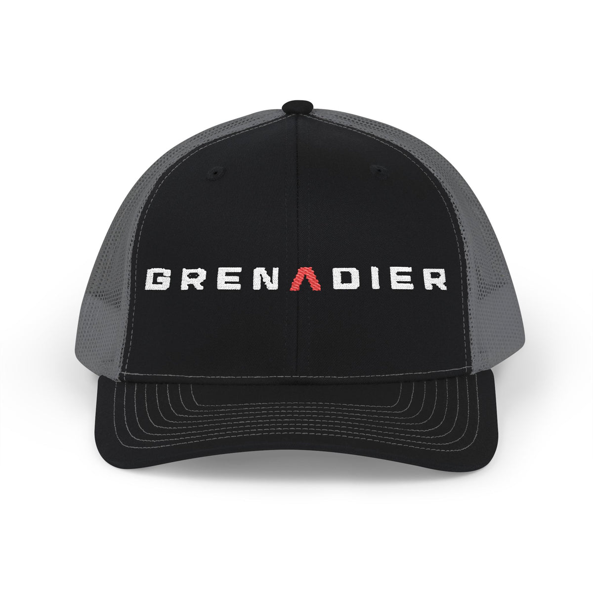 Dark snapback trucker hat with embroidered GRENADIER wordmark and red Λ, Black / Charcoal