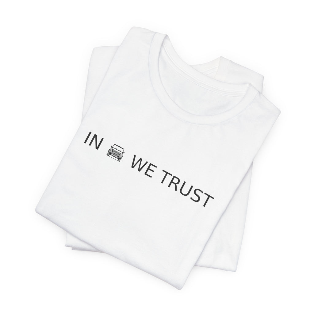 Tee with full-front IN WE TRUST lockup, front-view boxy 4x4 between the words – view 6