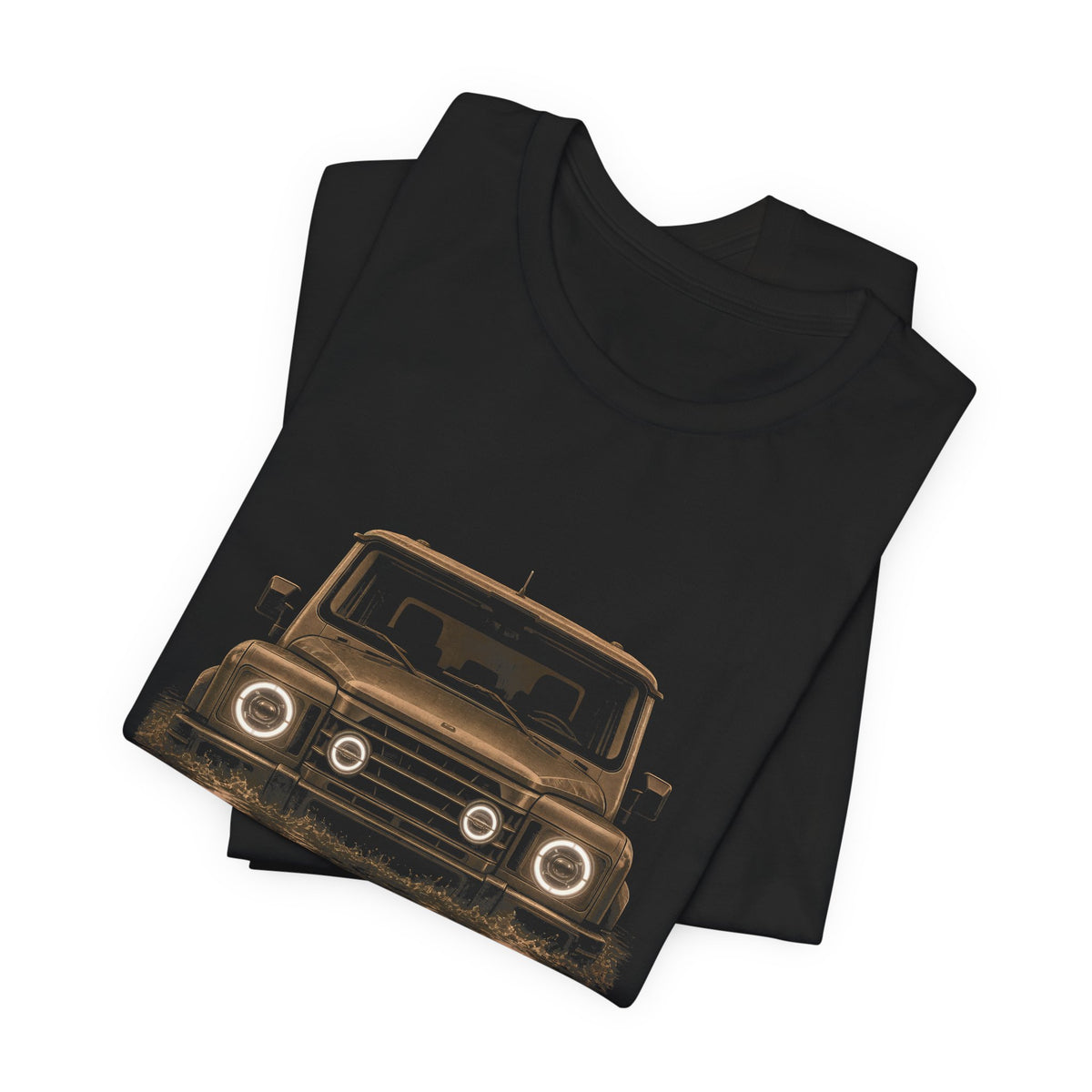 Black tee, front print: 4x4 wading dark water at night, headlights on (warm sepia tones) with NO ROAD REQUIRED lettering under GRENADIER wordmark – view 2