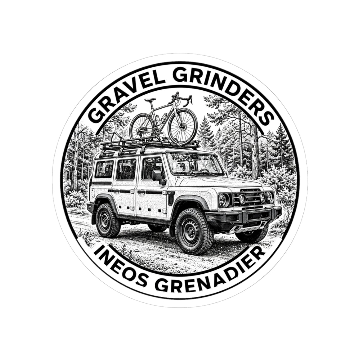 Gravel Grinders round line-art badge: boxy 4x4 with gravel bike on roof rack among pines – view 2