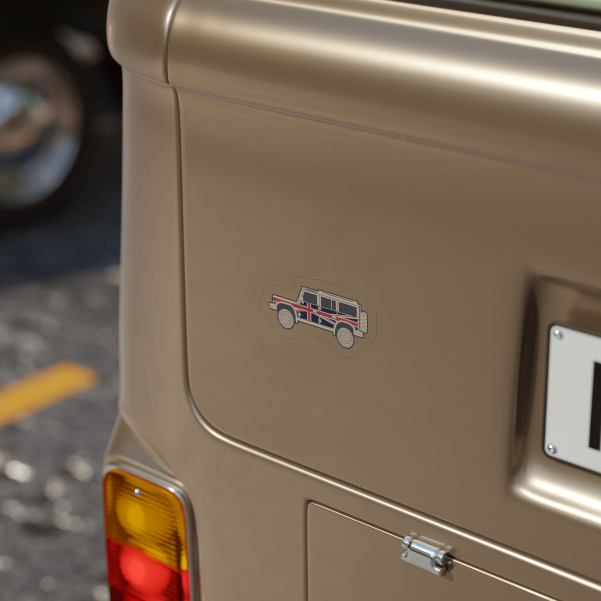 Die-cut sticker: boxy 4x4 side profile with Union Jack flag wrap, white border – view 4