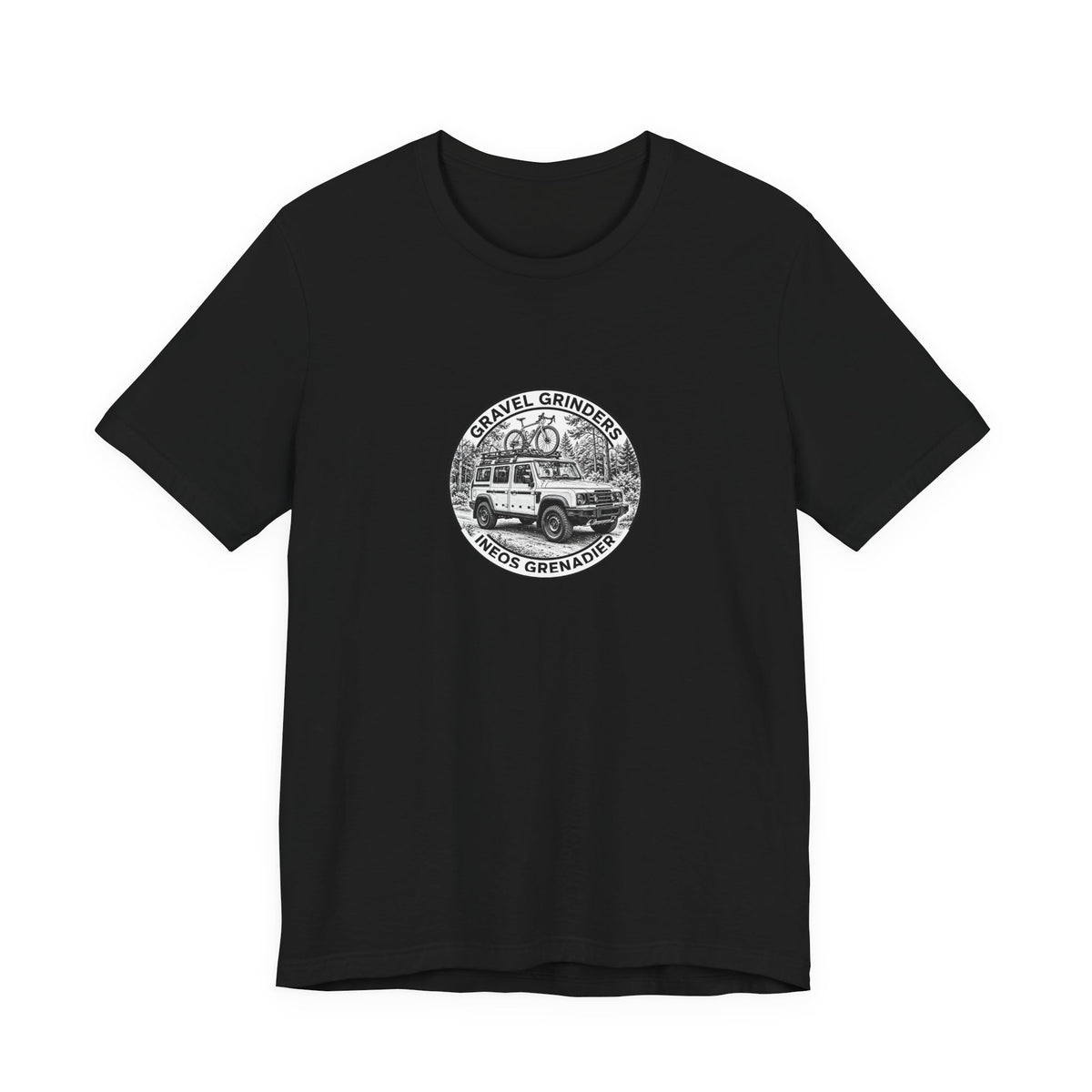 Gravel Grinders round line-art badge: boxy 4x4 with gravel bike on roof rack among pines on tee, Black