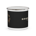 Night Wade white enamel camping mug with boxy 4x4 night-wade print and LIGHTS ON. WATER UP. lettering
