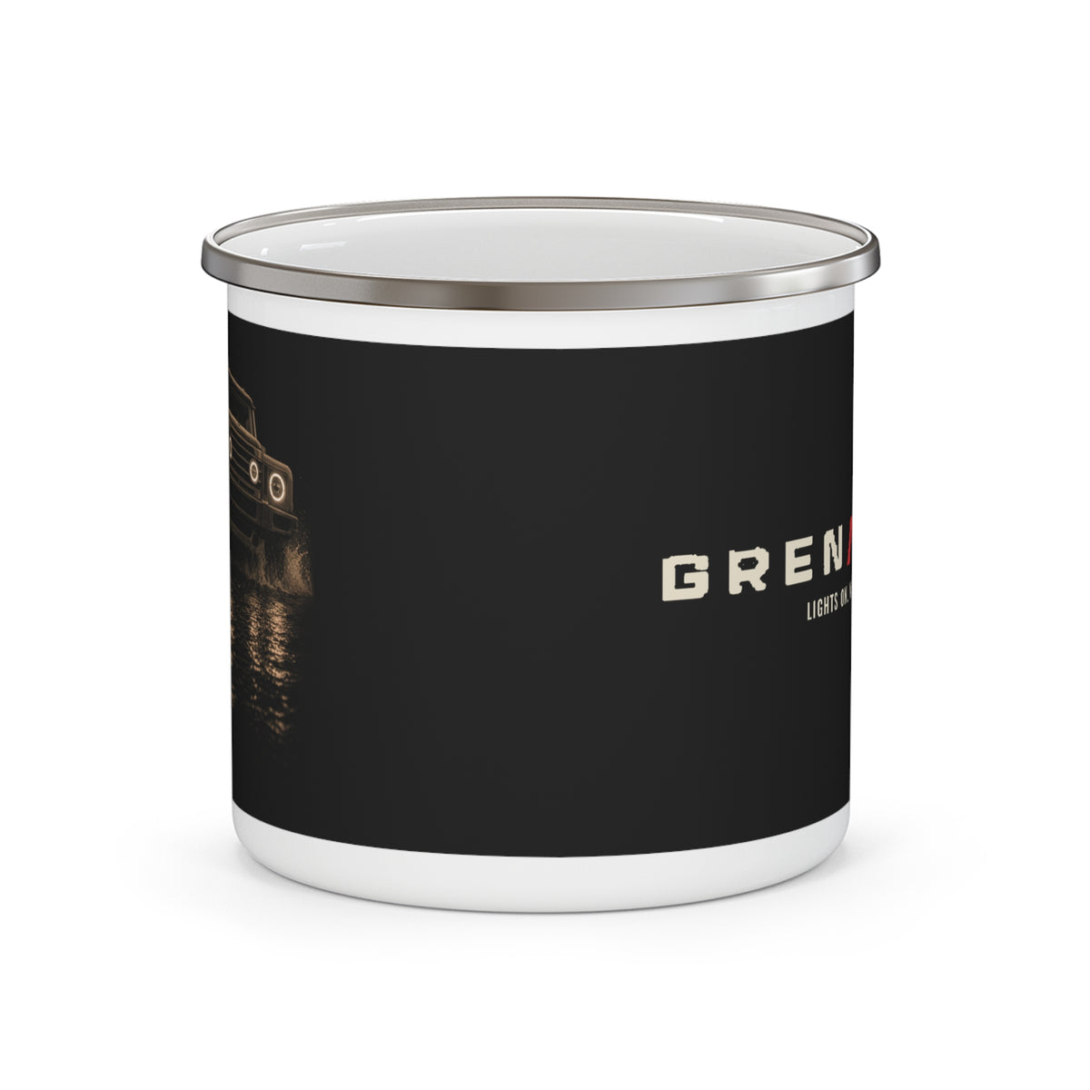 Night Wade white enamel camping mug with boxy 4x4 night-wade print and LIGHTS ON. WATER UP. lettering