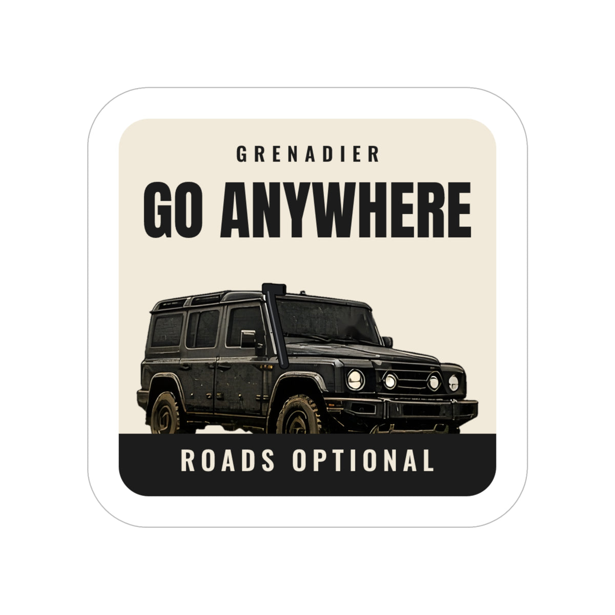 Go Anywhere / Roads Optional die-cut sticker: a black 4x4 wagon on a cream badge with GO ANYWHERE up top and a ROADS OPTIONAL footer – view 2
