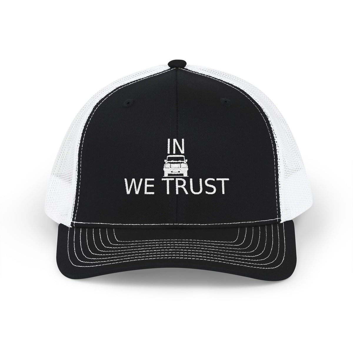 Richardson trucker hat with embroidered IN WE TRUST lockup, front-view boxy 4x4 between the words, Black / White