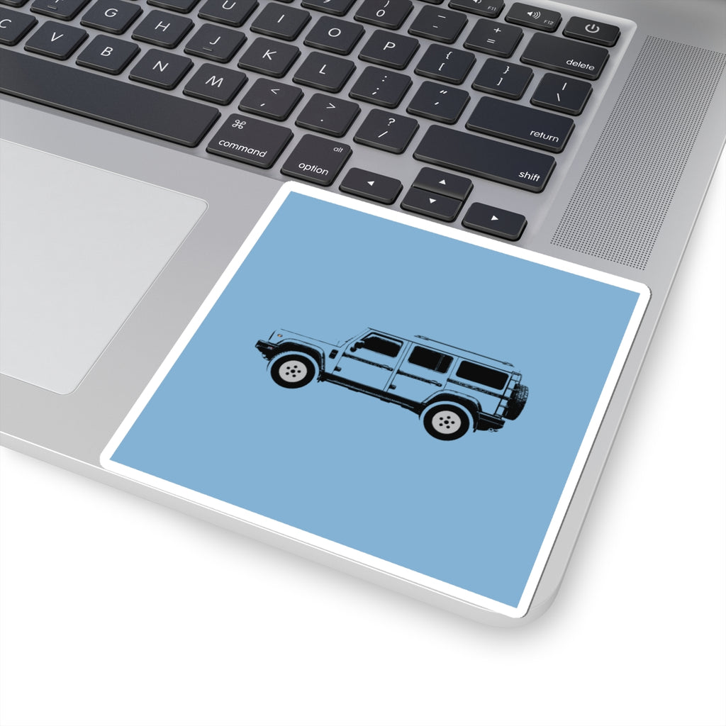 Kiss-cut sticker: Eldoret Blue boxy 4x4 side profile on a solid colour square – view 5