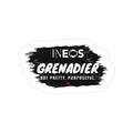 Die-cut sticker: INEOS and GRENADIER white lettering on black brush stroke, NOT PRETTY. PURPOSEFUL.