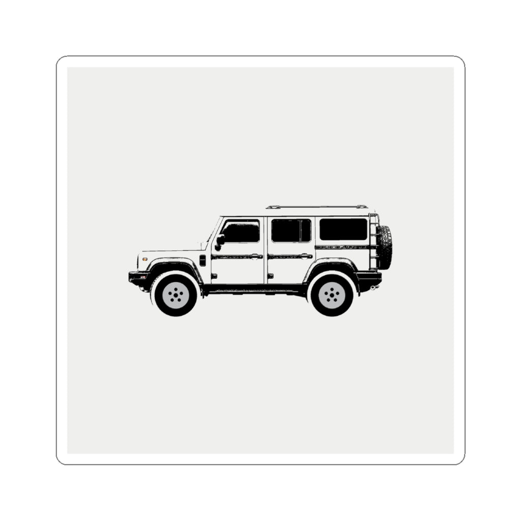 Kiss-cut sticker: Scottish White boxy 4x4 side profile on a solid colour square