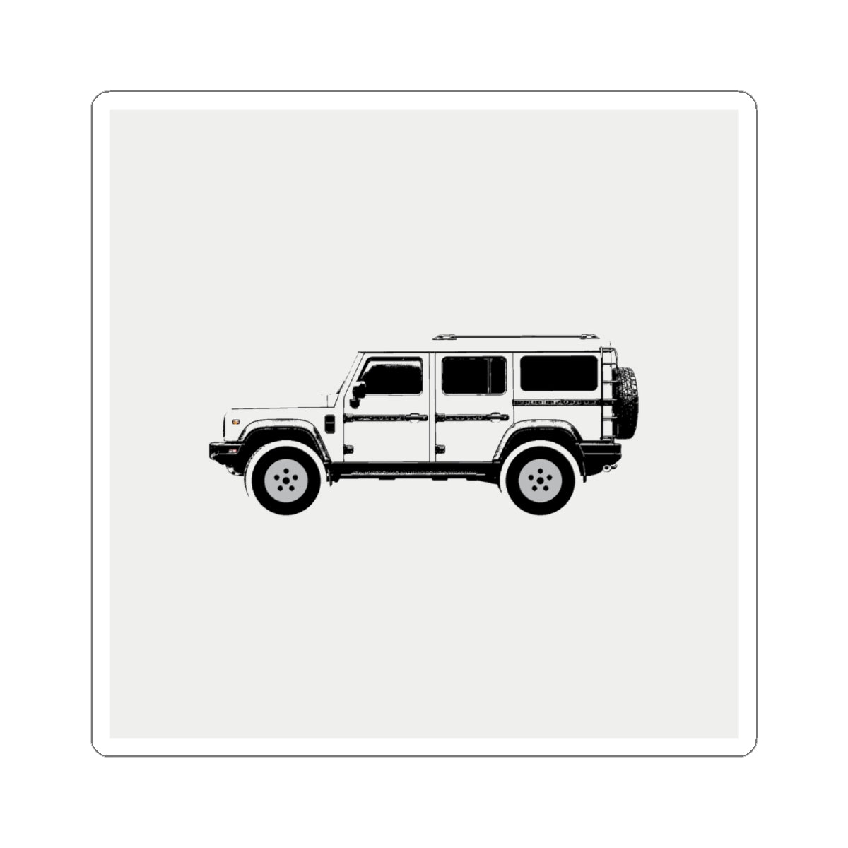 Kiss-cut sticker: Scottish White boxy 4x4 side profile on a solid colour square