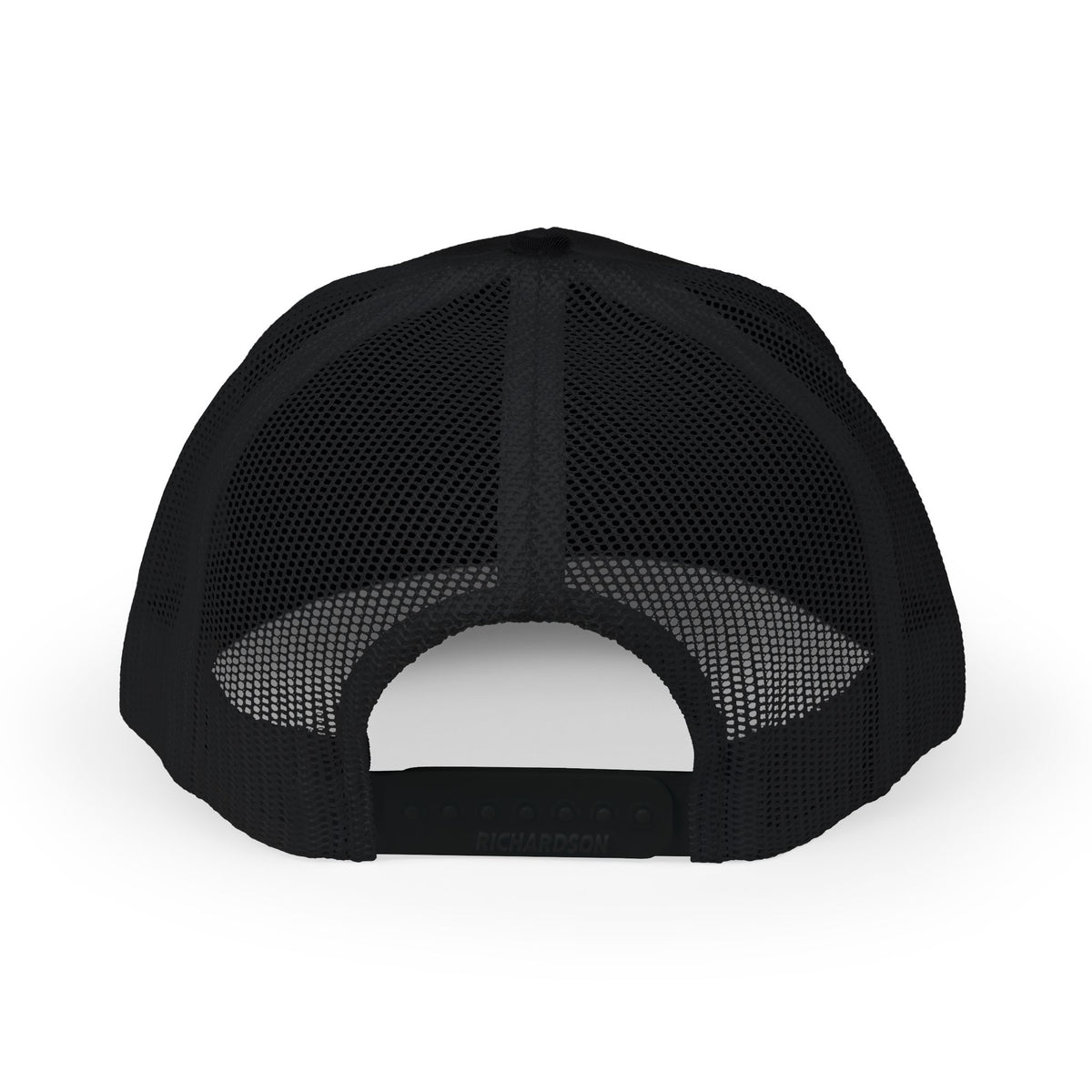 Richardson trucker hat with embroidered IN WE TRUST lockup, side-view boxy 4x4 between the words – view 12