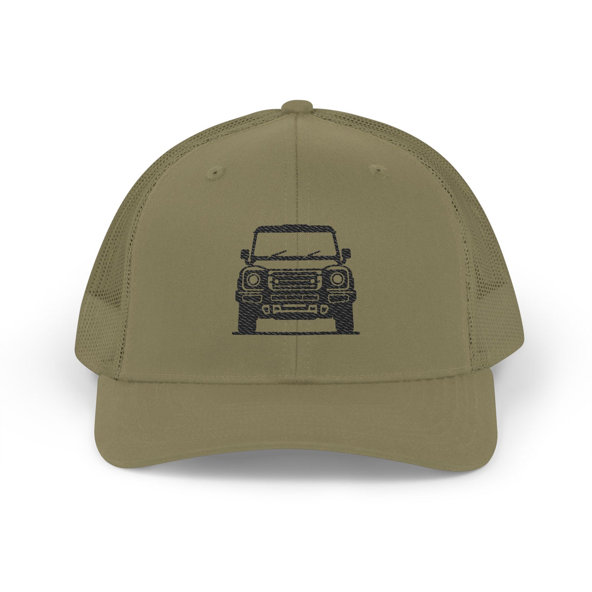 Richardson trucker hat with embroidered front-view boxy 4x4 mark, Loden