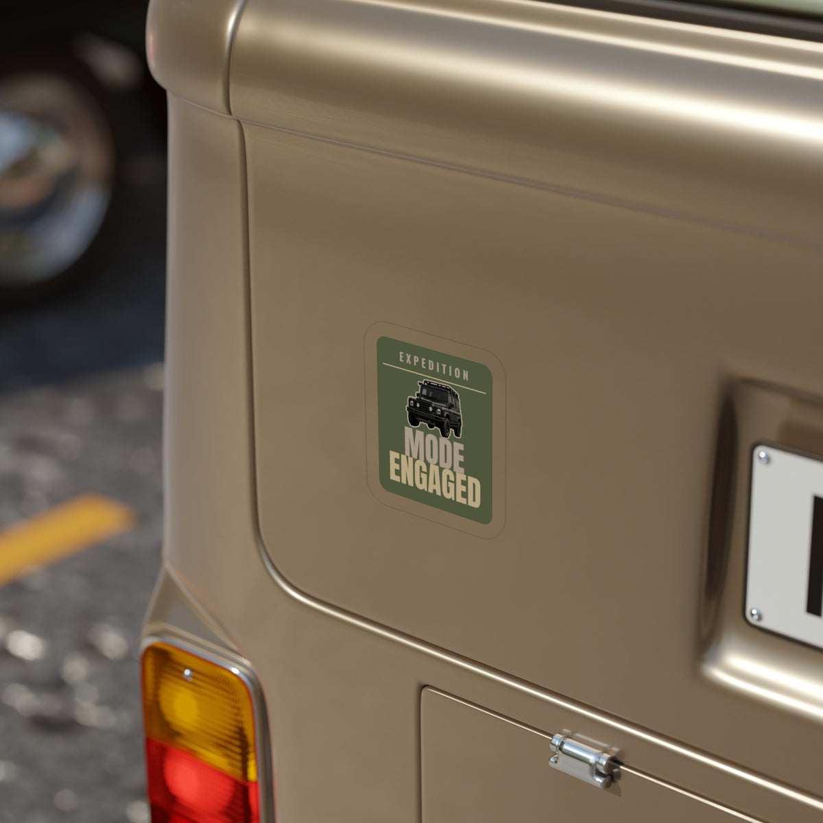 Expedition Mode Engaged die-cut sticker: a 4x4 wagon above EXPEDITION MODE ENGAGED lettering on an olive green badge – view 6