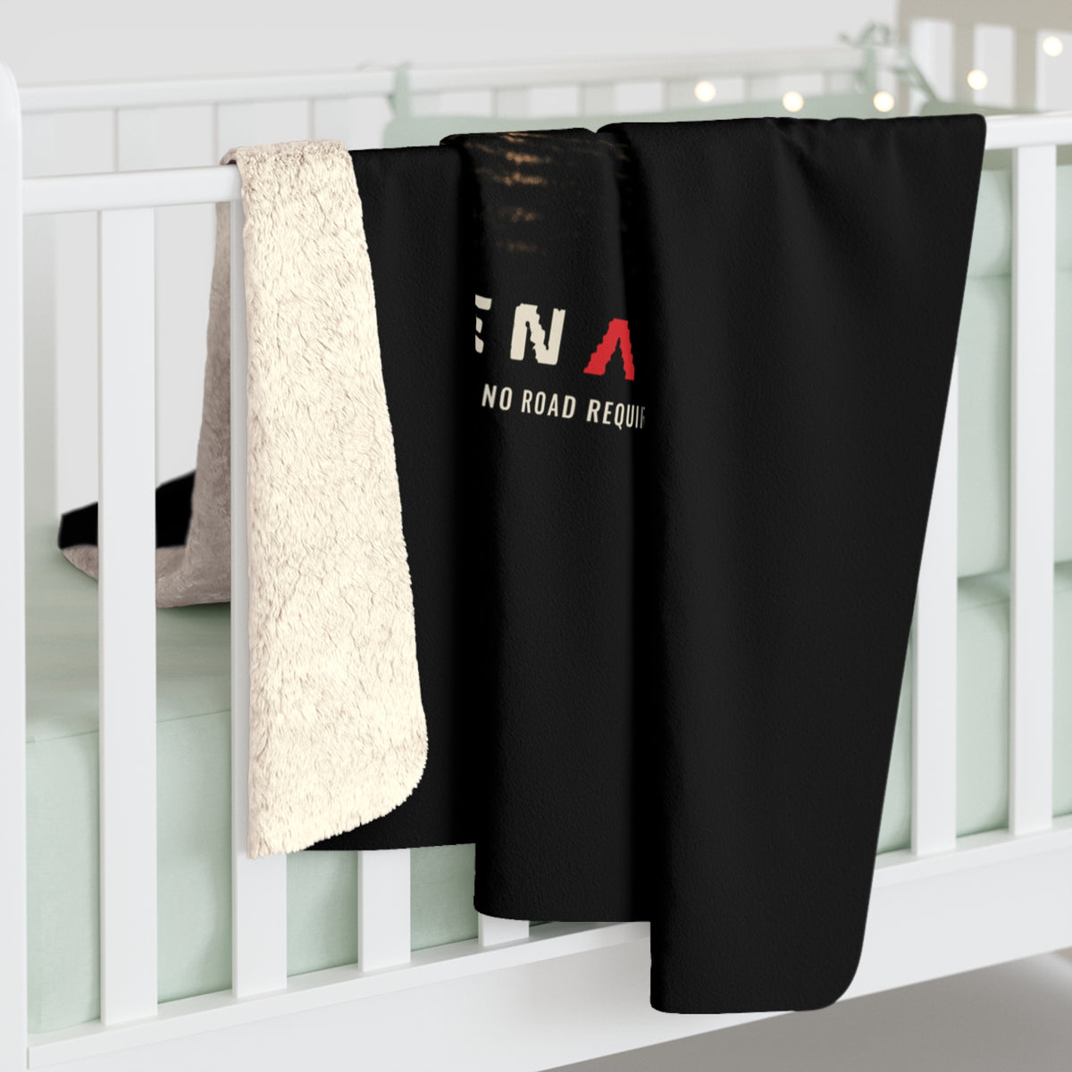 Night Wade sherpa blanket: boxy 4x4 wading black water at night, NO ROAD REQUIRED lettering – view 4