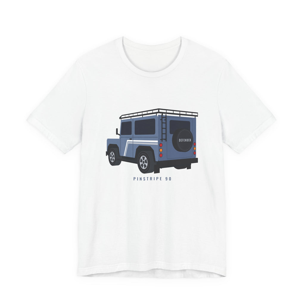 White tee, chest print: slate-blue boxy 90 4x4 in rear three-quarter view with pinstripes, roof rack, rear ladder; PINSTRIPE 90 lettering, White