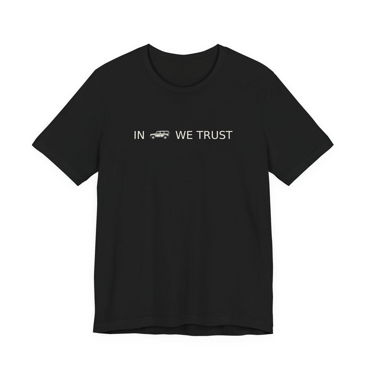 Tee with full-front IN WE TRUST lockup, side-view boxy 4x4 between the words, Black