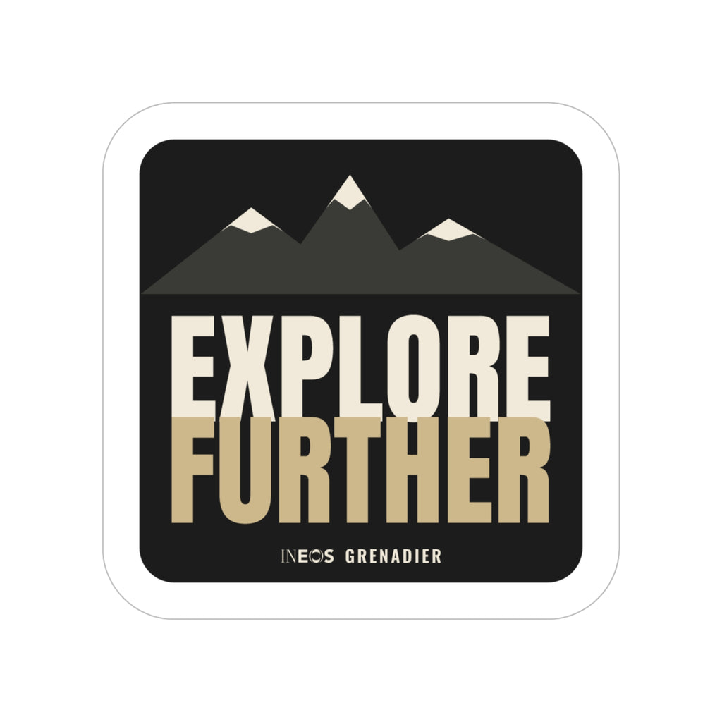 Explore Further die-cut sticker: mountain peaks above big EXPLORE FURTHER lettering in cream and tan on a black badge