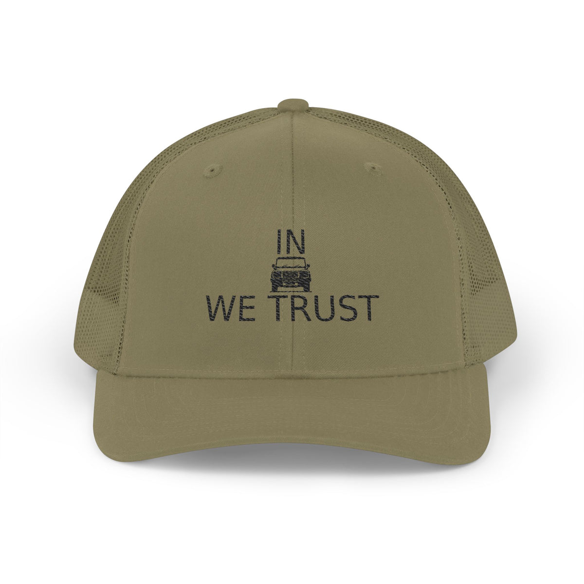 Richardson trucker hat with embroidered IN WE TRUST lockup, front-view boxy 4x4 between the words, Loden