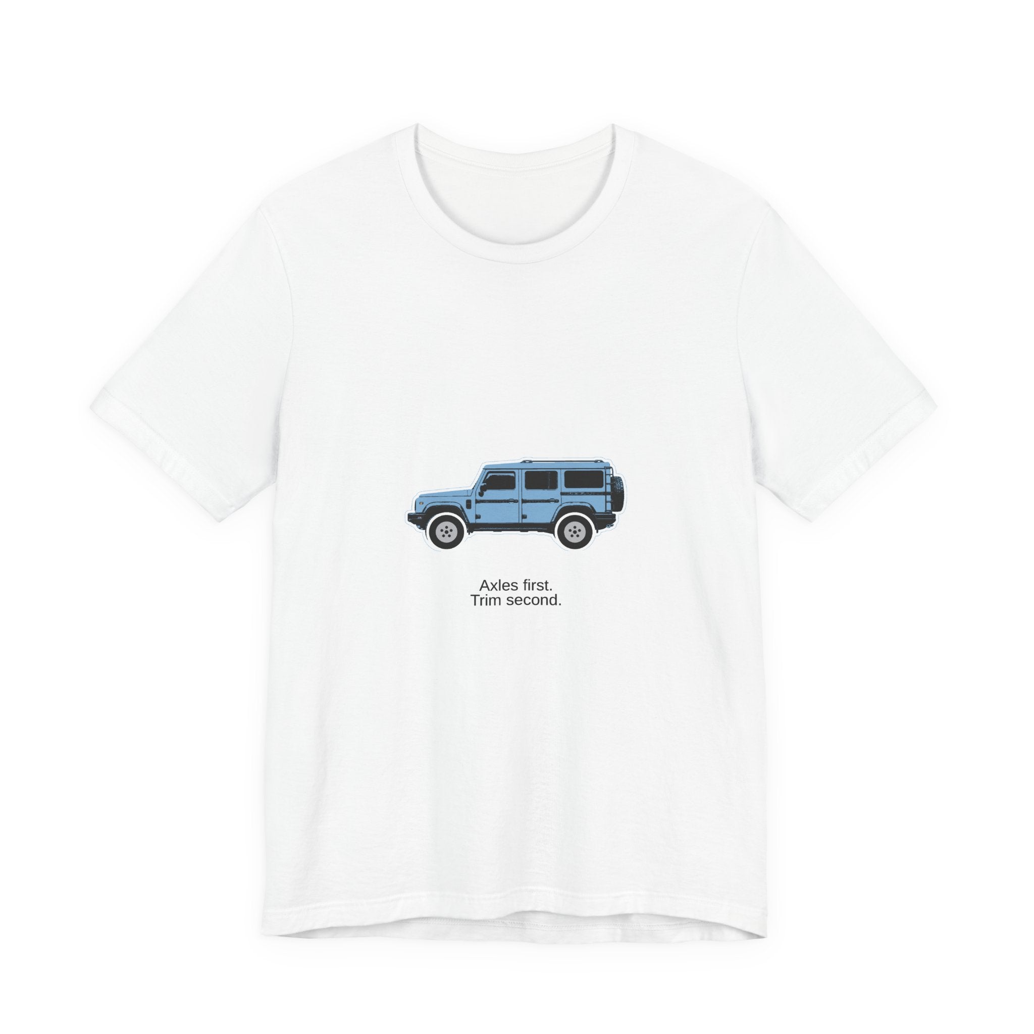 Boxy 4x4 Hambach Side Tee — Eldoret Blue White Field — Axles first. Trim second.