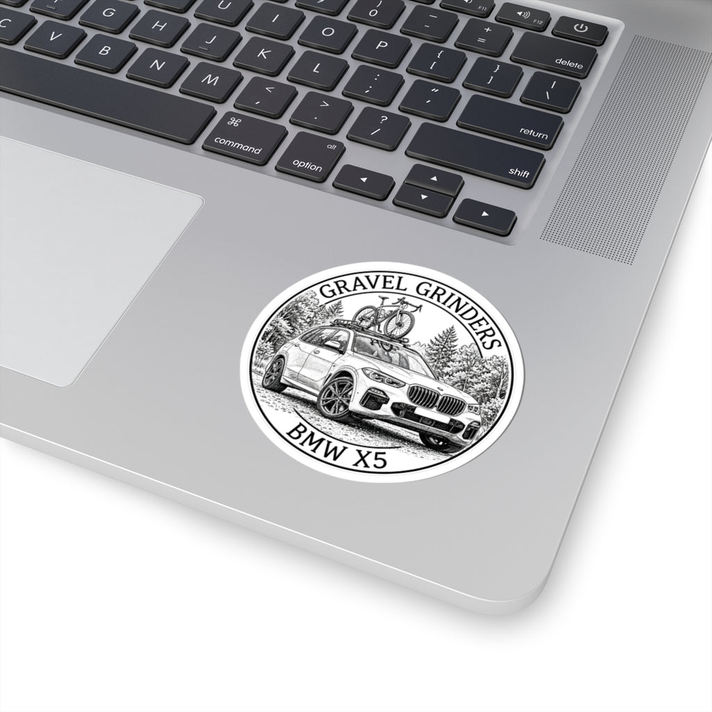 Gravel Grinders round line-art badge: luxury SUV with gravel bike on roof rack among pines – view 3