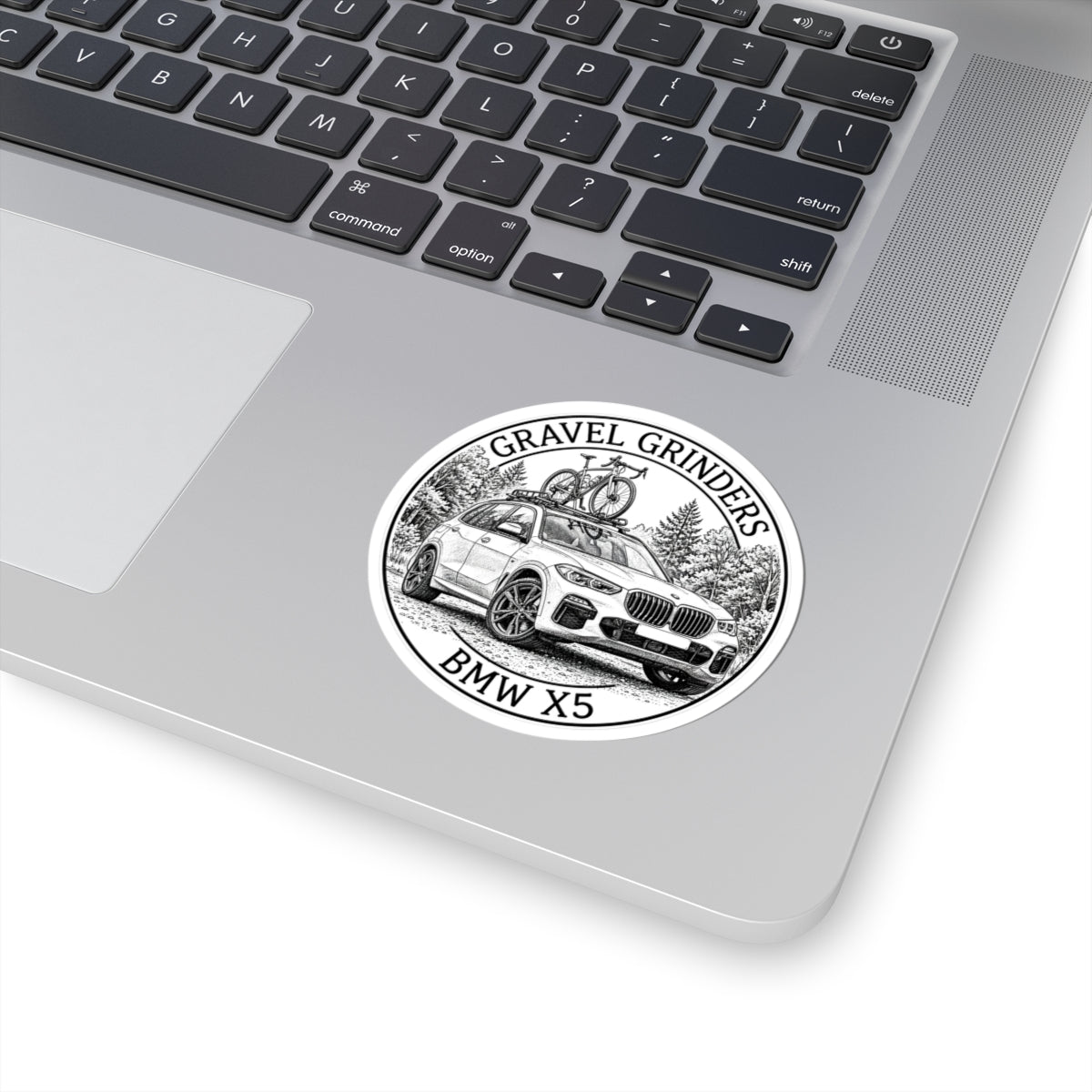 Gravel Grinders round line-art badge: luxury SUV with gravel bike on roof rack among pines – view 3