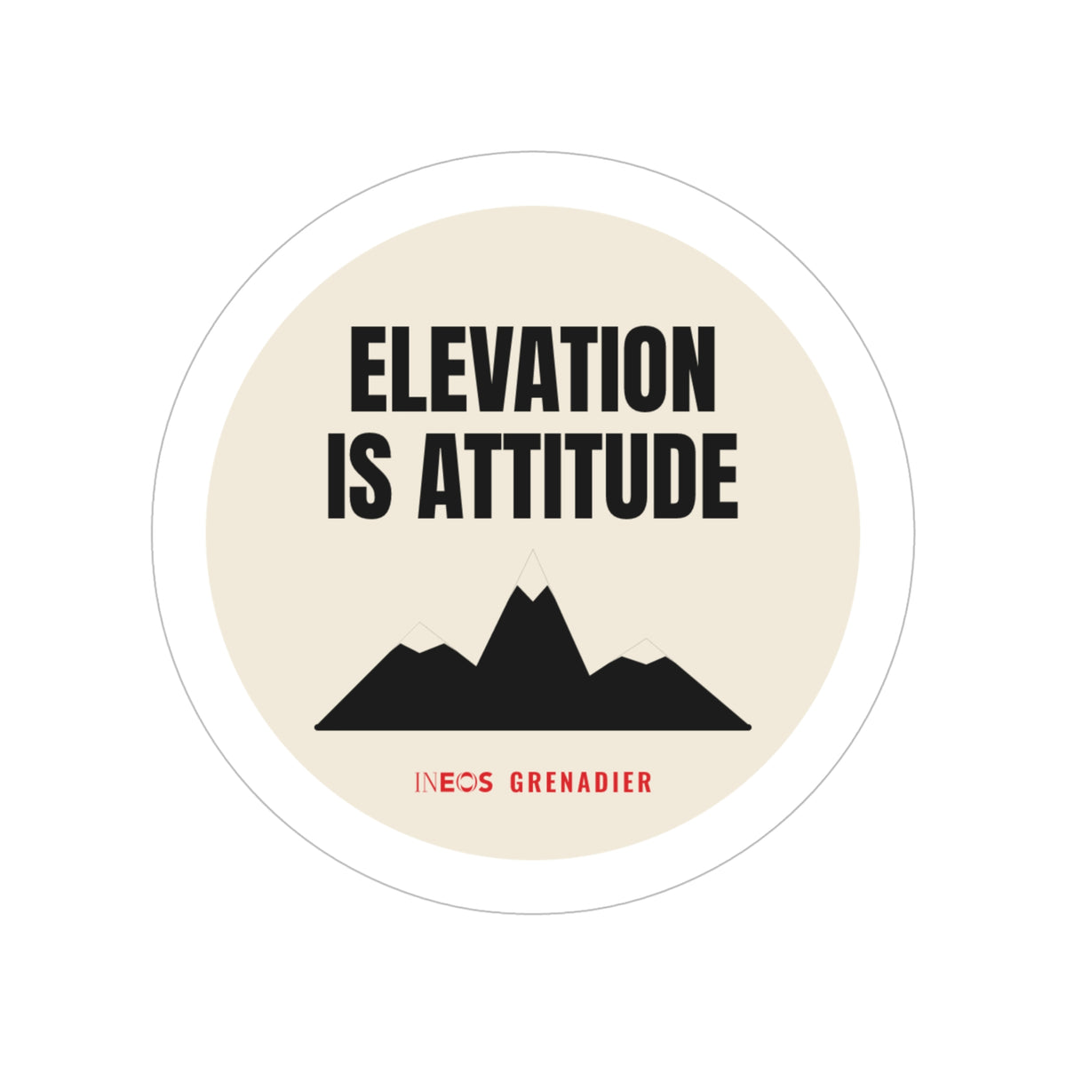 Elevation Is Attitude die-cut sticker: ELEVATION IS ATTITUDE lettering over a black mountain on a round cream badge