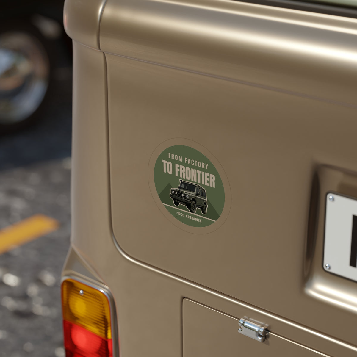 From Factory to Frontier die-cut sticker: a round olive and cream badge with a 4x4 wagon and FROM FACTORY TO FRONTIER lettering – view 8