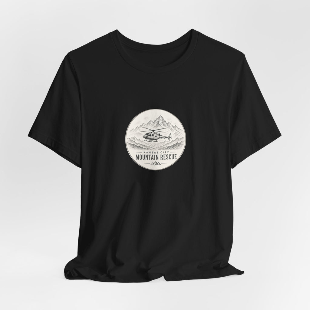 Tee with Kansas City Mountain Rescue round badge: helicopter over mountain line art – view 10