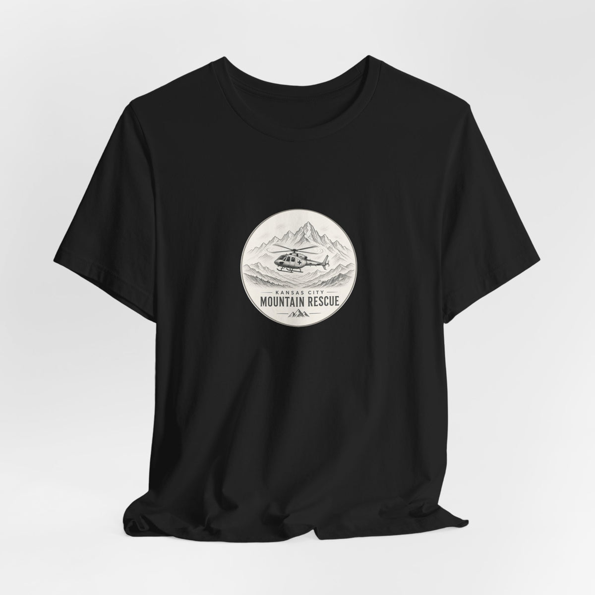 Tee with Kansas City Mountain Rescue round badge: helicopter over mountain line art – view 10
