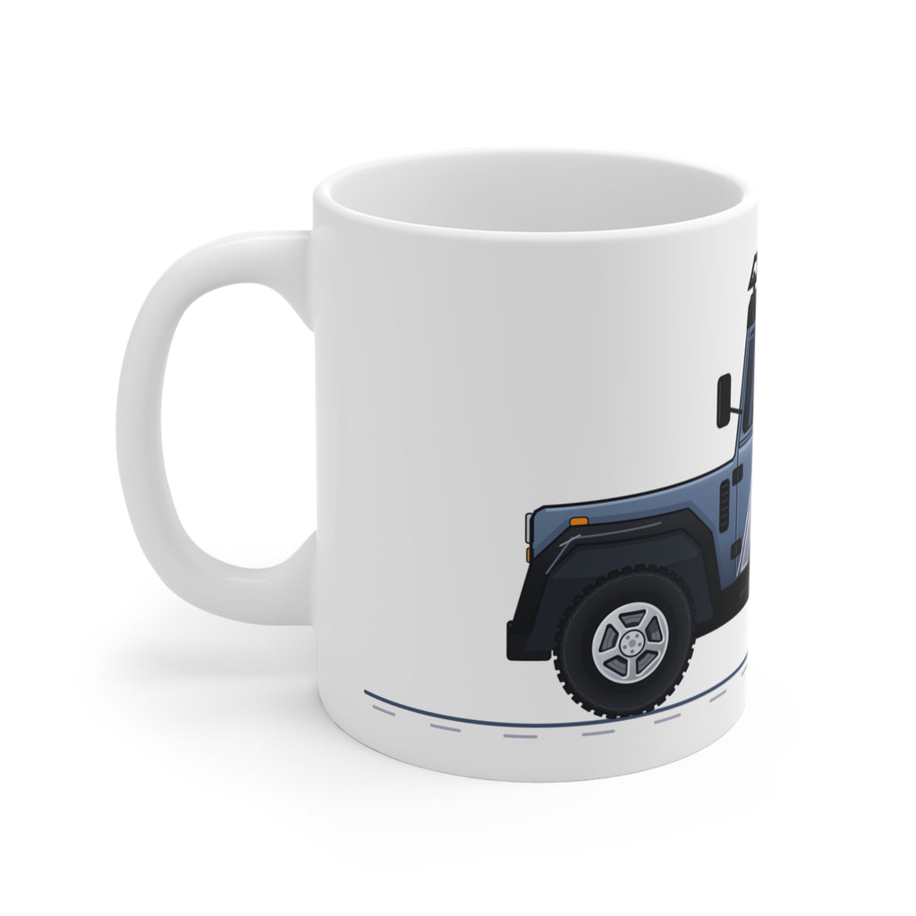 White 11 oz mug wrapped with slate-blue boxy 90 4x4 in side profile, pinstripes and roof rack – view 2