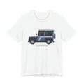 White tee, chest print: slate-blue boxy 90 4x4 in side profile with pinstripe flash and roof rack; PINSTRIPE 90 lettering, White