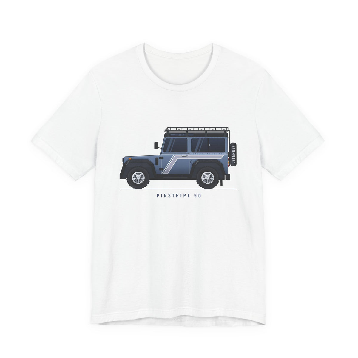 White tee, chest print: slate-blue boxy 90 4x4 in side profile with pinstripe flash and roof rack; PINSTRIPE 90 lettering, White