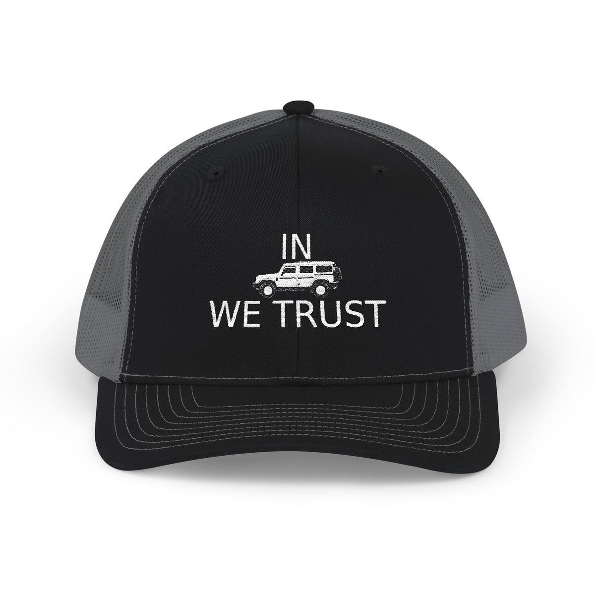 Richardson trucker hat with embroidered IN WE TRUST lockup, side-view boxy 4x4 between the words, Black / Charcoal