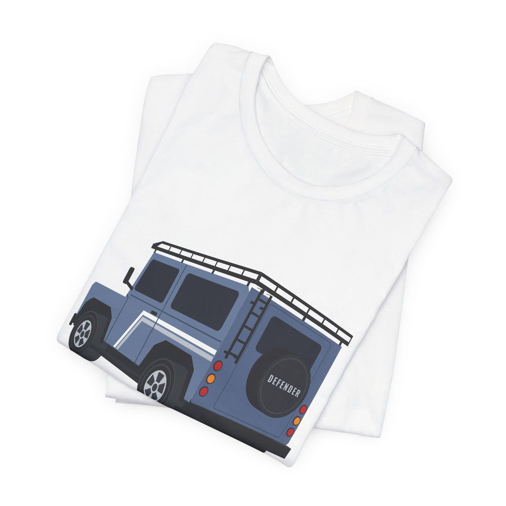 White tee, chest print: slate-blue boxy 90 4x4 in rear three-quarter view with pinstripes, roof rack, rear ladder; PINSTRIPE 90 lettering – view 2