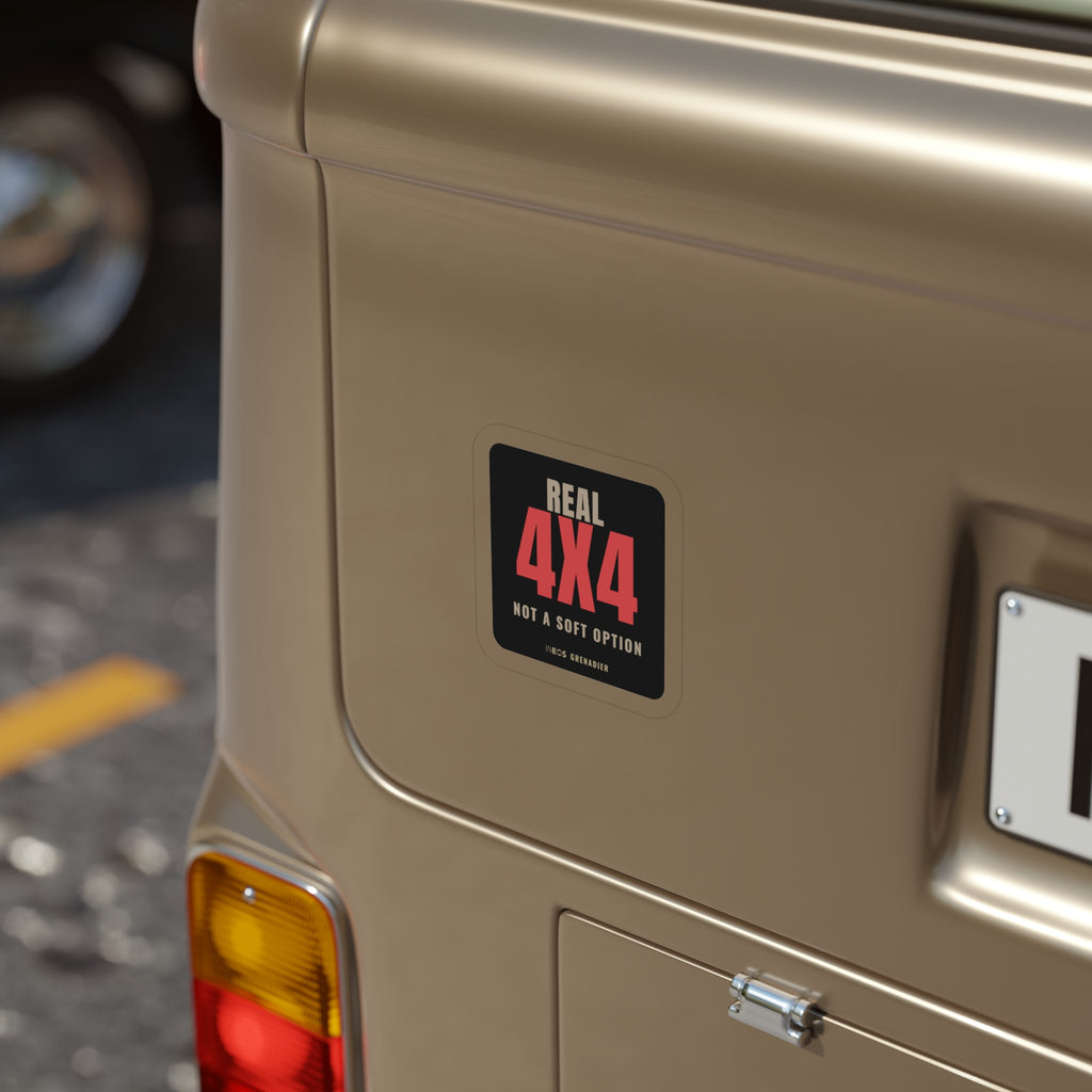 Real 4x4 / Not a Soft Option die-cut sticker: a big red 4X4 under REAL, with a NOT A SOFT OPTION tagline on a black badge – view 6