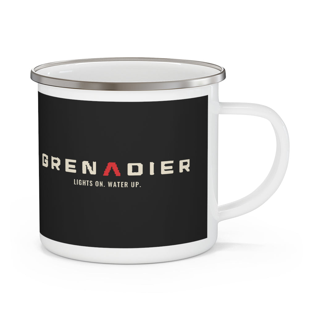 Night Wade white enamel camping mug with boxy 4x4 night-wade print and LIGHTS ON. WATER UP. lettering – view 2