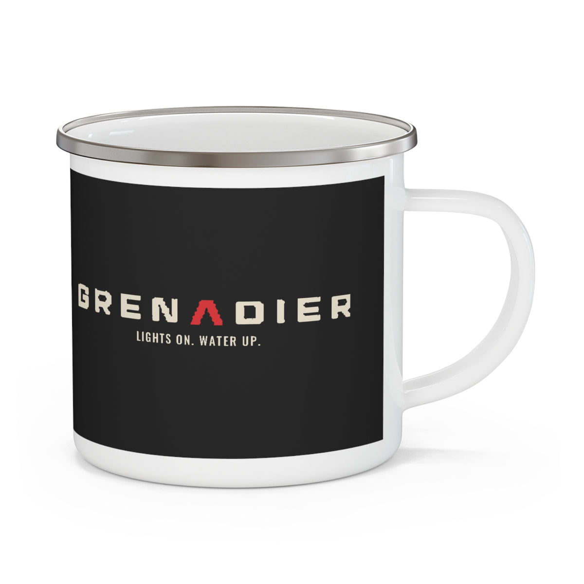 Night Wade white enamel camping mug with boxy 4x4 night-wade print and LIGHTS ON. WATER UP. lettering – view 2
