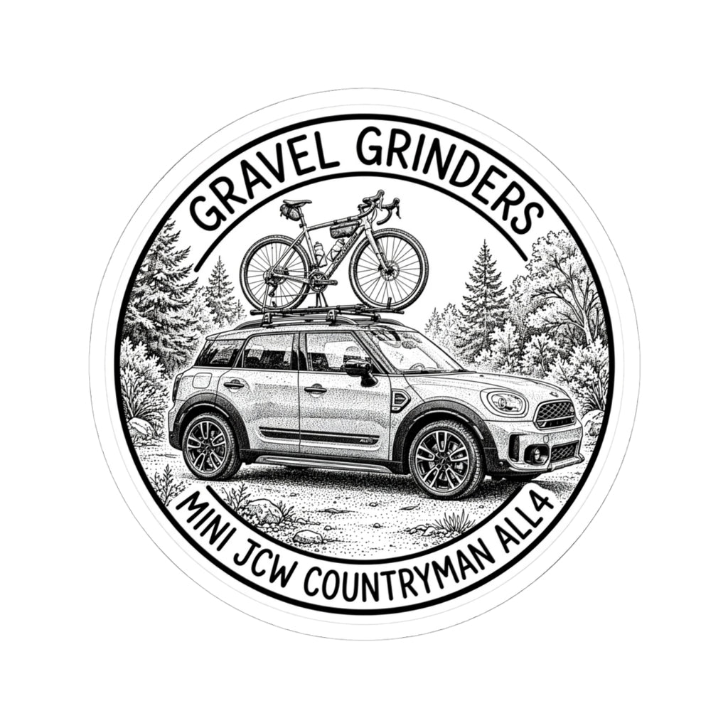 Gravel Grinders round line-art badge: compact crossover with gravel bike on roof rack among pines