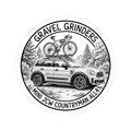 Gravel Grinders round line-art badge: compact crossover with gravel bike on roof rack among pines