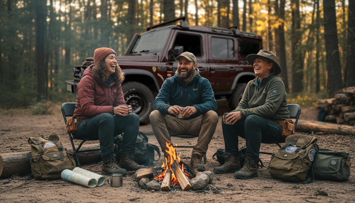 Friends around a campfire with a maroon Grenadier parked behind them.