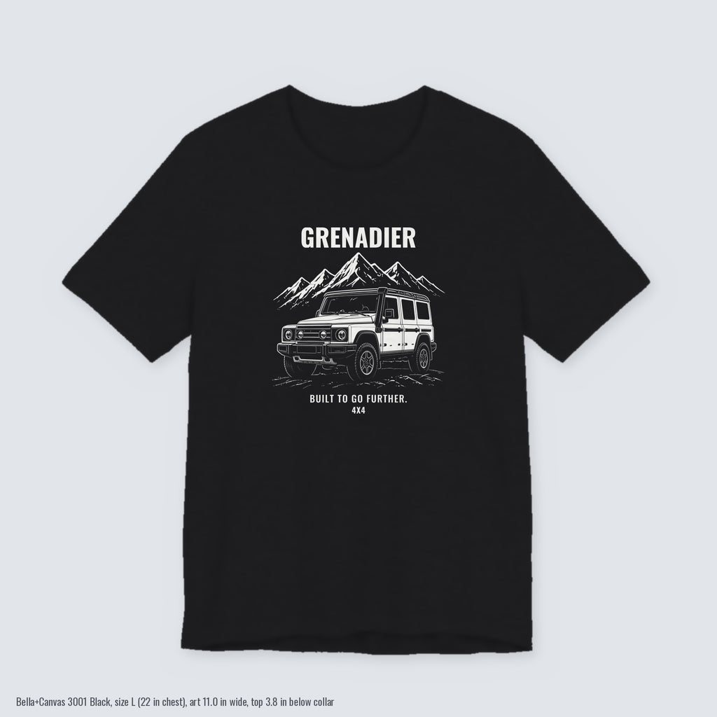 Built to Go Further tee with boxy 4x4 and mountains art on a Black Bella+Canvas 3001 tee, size L flat lay