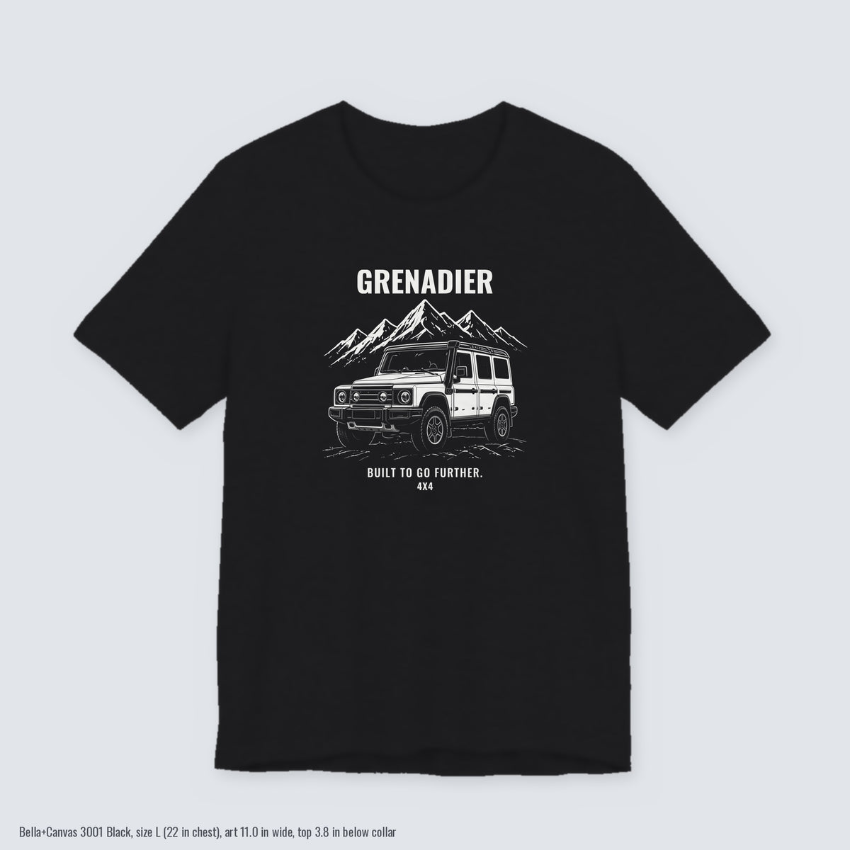 Built to Go Further tee with boxy 4x4 and mountains art on a Black Bella+Canvas 3001 tee, size L flat lay
