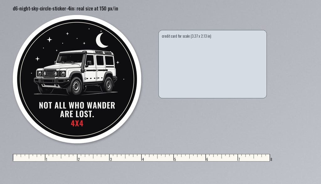 Round night sky die-cut sticker with boxy 4x4, moon and stars, shown at real 4 in size next to a ruler and a credit card for scale