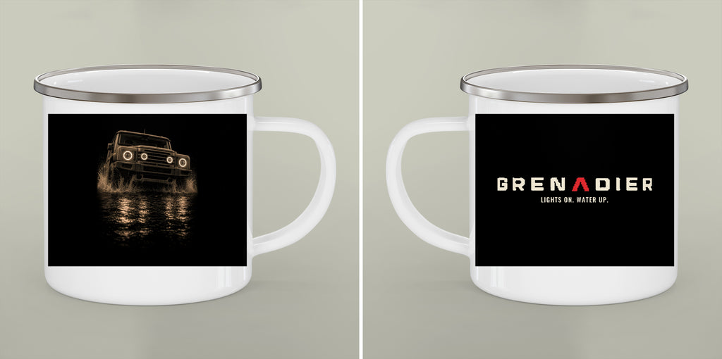 Night Wade white enamel camping mug with boxy 4x4 night-wade print and LIGHTS ON. WATER UP. lettering – view 5