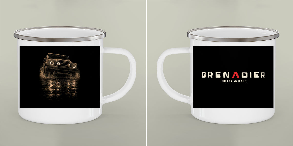 Night Wade white enamel camping mug with boxy 4x4 night-wade print and LIGHTS ON. WATER UP. lettering – view 5