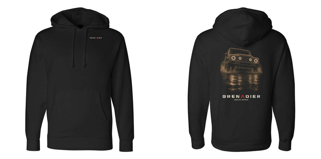 Night Wade heavyweight hoodie back print: boxy 4x4 wading water at night – view 10